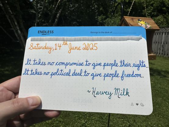 A pen quote of Harvey Milk that reads, “It takes no compromise to give people their rights… It takes no political deal to give people freedom.”

Written using Pilot Iroshizuku inks: To-Ro, Kon-Peki & Ku-Jaku.