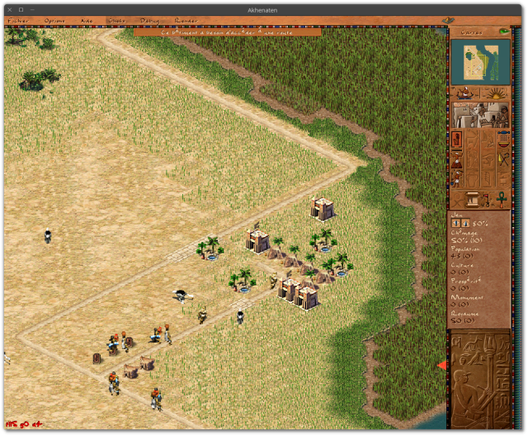 🕶️ A view of its UI (v. RA 0.24, on my Linux PC) with the extension “Cleopatra: Queen of the Nile” extension. I built a few huts, buildings, paths and water points, which brought in the population. A few ostriches are feeding here and there.

📚️ Pharaoh (with Akhenaten engine) is a city-builder management game developed by Impressions Games and published by Sierra in 1999. It takes the game system of the Caesar III series and transposes it to the construction of an ancient Egyptian city. It benefits from an expansion, Cleopatra: Queen of the Nile, published in 2000. The player administers a plot of land in Ancient Egypt, building a city and developing trade with the aim of turning it into a flourishing Pharaonic (and Predynastic) city. Akhenaten is a libre, multiplatform compatible engine (derived from the Julius/Augustus projects for Caesar 3), making the game multiplatform and adapted to modern hardware. A job well done!