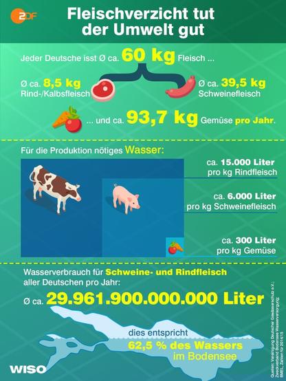 Schaubild, Fleischverzicht tut der Umwelt gut, verbrauchszahlen Fleisch, wasserbedarf für Viehzucht.