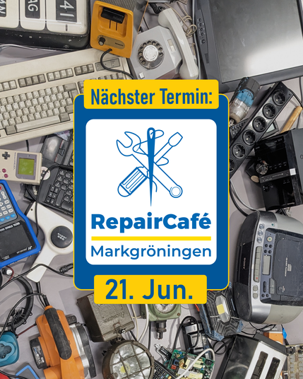 Terminankündigung 21. Juni, im Hintergrund verschiedene alte Elektrogeräte