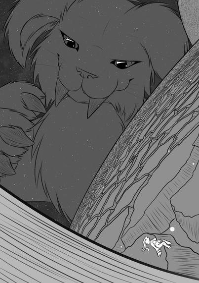 An extreme perspective shot of Fang the smilodon as seen from his Pawpads. Serenity the goddess of Seasons in amongst the paw crags along with a solar system.