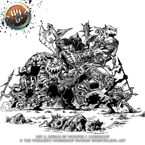 An black & white inked illustration of a horde of disorganized goblins, orcs and trolls rushing into battle!