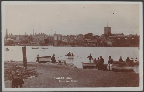 Sepia real photographic postcard showing a view of the town of Shoreham by Sea in Sussex as seen from the ferry.

Published by Winton's Library, 14 High Street, Shoreham, not numbered.

Postally used on 9 September 1912 with double circle Shoreham by Sea cancellation on green halfpenny stamp and sent to Mrs Lendon, 77 Kensington Avenue, Watford, Hertfordshire.

Very good condition, with very slight corner bumps.