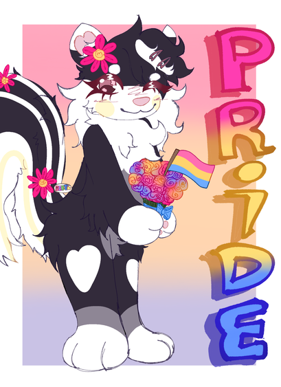 A portrait drawing of an anthro skunk OC. He is black and white, with small grey and blonde patches, though resembles the typical pattern of a striped skunk for the most part. His long hair is flopped over one side of his face with heart-shaped pink hairpins clipped in. He is leaning with his back and tail towards the left side of the image and is holding a beautiful bouquet of flowers in the colors of the pansexual flag. There is also a pansexual flag poking out of the bouquet. The background is a soft wash gradient of the pan flag colors and the right side of the image has large, bold lettering stating "Pride" from top down, again in pansexual flag coloration.