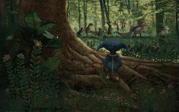 Deep within a forest, blooming with all flavors of green, march several creatures of varying shapes, sizes, colors and attitudes. With determined looks, they stomp and strut past a small blue monster with large yellow eyes and a curious expression. Atop its head, a friendly dragonfly joins him.