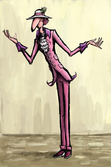 A tall flamingo person dressed in pink. She has a large beak-like nose.