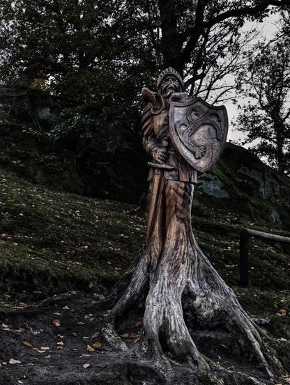 A tall, intricate tree carving depicts a medieval knight as a skeleton, holding a shield and a sword. The knight's armour and helmet are detailed, and the shield features an elaborate design. The carving emerges from the broad, gnarled roots of the tree, which are visible at the base. The setting is a dark, possibly autumnal, woodland with fallen leaves on the ground and trees and rocks in the background.