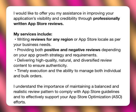 Screenshot of an email from somebody offering to write professional app reviews with a realistic mix of negative and positive reviews