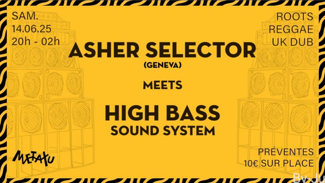 Un flyer jaune annonçant la soirée, en filigrane sur les côtés sont dessinées des enceintes de sound system, le bord est dessiné avec un motif noir qui rappelle des zebrures
