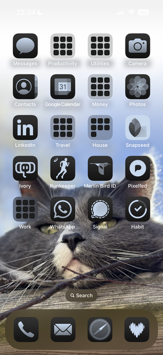 En skrivbordsbakgrund på en mobiltelefon med närbild på en grå och vit katt täckt av mappar och ikoner.