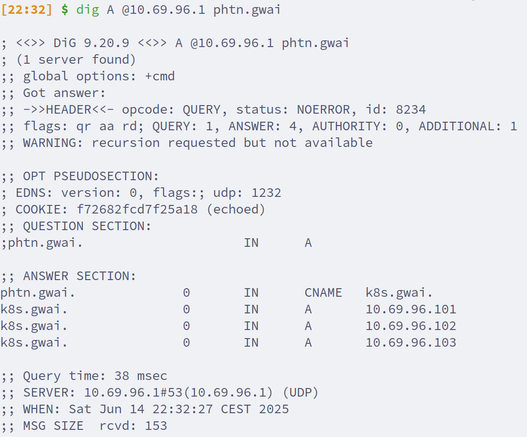 [22:32] $ dig A @10.69.96.1 phtn.gwai

; <<>> DiG 9.20.9 <<>> A @10.69.96.1 phtn.gwai
; (1 server found)
;; global options: +cmd
;; Got answer:
;; ->>HEADER<<- opcode: QUERY, status: NOERROR, id: 8234
;; flags: qr aa rd; QUERY: 1, ANSWER: 4, AUTHORITY: 0, ADDITIONAL: 1
;; WARNING: recursion requested but not available

;; OPT PSEUDOSECTION:
; EDNS: version: 0, flags:; udp: 1232
; COOKIE: f72682fcd7f25a18 (echoed)
;; QUESTION SECTION:
;phtn.gwai.			IN	A

;; ANSWER SECTION:
phtn.gwai.		0	IN	CNAME	k8s.gwai.
k8s.gwai.		0	IN	A	10.69.96.101
k8s.gwai.		0	IN	A	10.69.96.102
k8s.gwai.		0	IN	A	10.69.96.103

;; Query time: 38 msec
;; SERVER: 10.69.96.1#53(10.69.96.1) (UDP)
;; WHEN: Sat Jun 14 22:32:27 CEST 2025
;; MSG SIZE  rcvd: 153