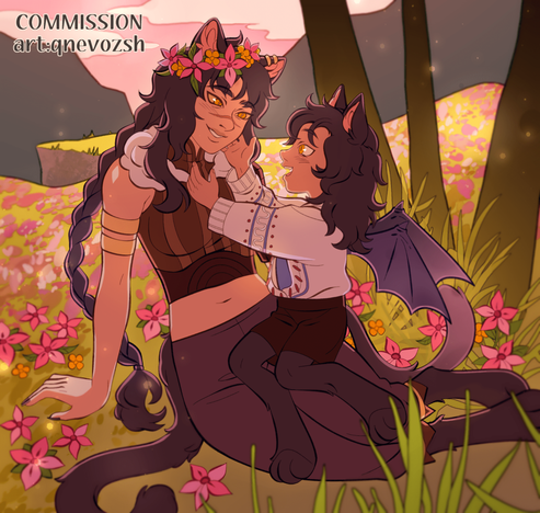 a full body portrait of a mother and her little son in a flower field. they're both cat people with long dark hair and bright yellow eyes, the son also has a pair of bat-like wings on his back. he's putting a flower crown on his mom's head while sitting on her lap. they both look happy.