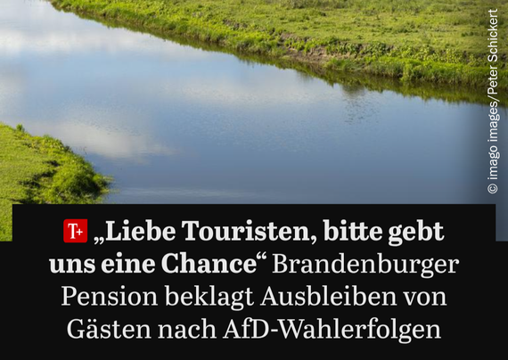 Screenshot von Tagesspiegel Artikel: "Liebe Touristen, bitte gebt ind eine Chance" Brandenburger Pension beklagt Ausbleiben von Gästen nach AfD-Wahlerfolgen