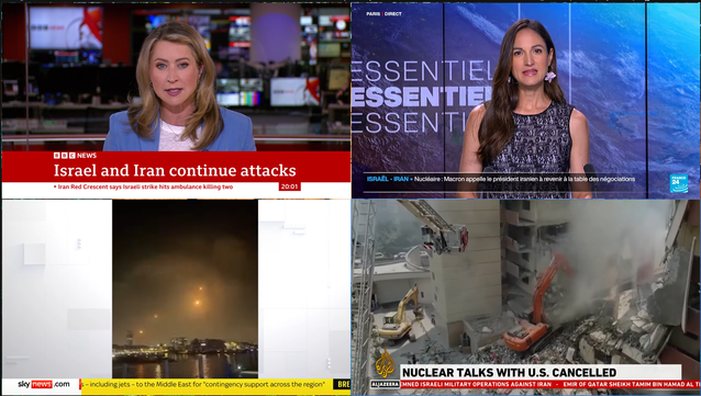 A screenshot of my 27 inch iMac desktop with the screen split into four equal sections. Each section has a live stream from four news broadcasters, the BBC, France24, Sky News and Aljezeera