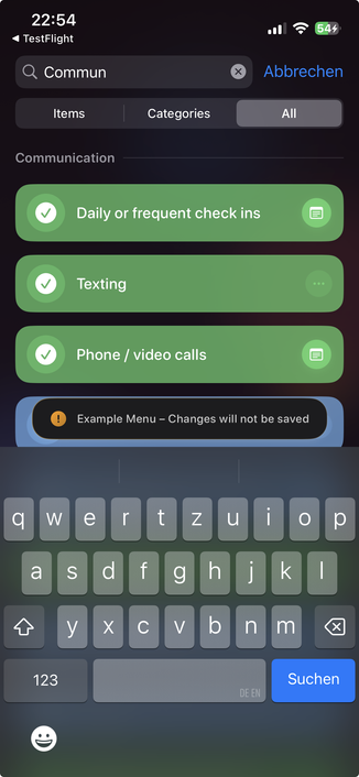Screenshot the relationship menu app interface showing a new search bar at the top, allowing users to filter items. The user has typed “Commun”. A segment control allows choosing the search scope to items, categories or both.