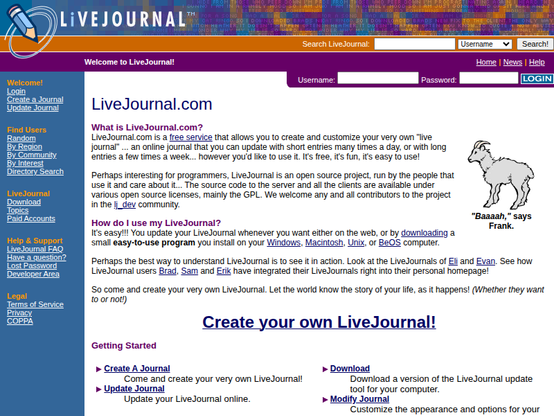 Screenshot of livejournal.com on April 05, 2001