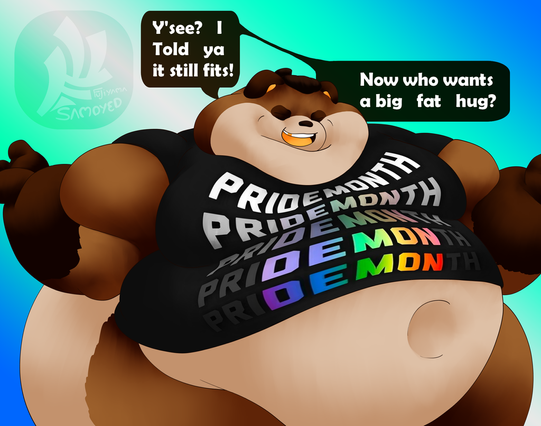 Libra wears a shirt that transitions between "Pride month" and "Demon"

the shirt only goes down above his navel as he presents it

"You see? I told you it still fits! Now who wants a big fat hug?"