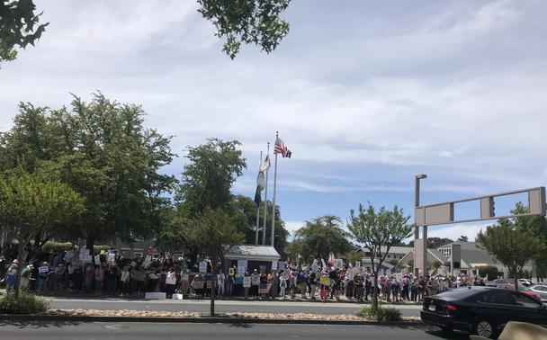 A crowd of No Kings protesters in a leafy plaza is shown from across the street. Three flag poles in the center of the frame hold the U.S. and California flags and a third flag representing I'm not sure what. Maybe the town flag for Pleasant Hill, CA, where this was taken.