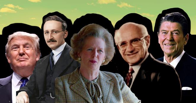 From left to right: Donald Trump followed by key figures of neoliberalism - economist Friedrich Hayek, former UK Prime Minister Margaret Thatcher, economist Milton Friedman and former US President Ronald Reagan.