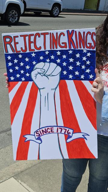 sign that says REJECTING KINGS SINCE 1776 with a raised fist