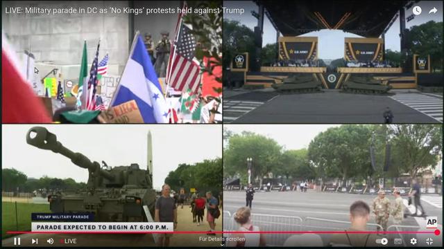 man sieht einen video-splitscreen aus washington dc mit Protestierenden, Panzern und der "Darth-Vader-Tribüne" des Präsidenten, mit der aufschrift US ARMY