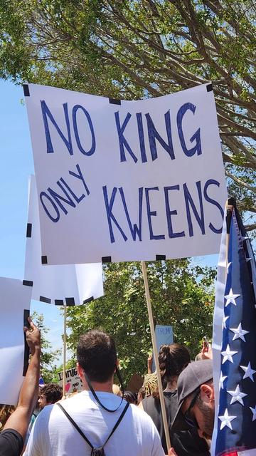 Photo by Rati Gupta on June 14, 2025. May be an image of 3 people, people standing, banner and text that says 'NO KING ONLY KWEENS'.