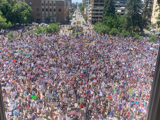 Bird’s eye view of huge crowd of people in front of the Idaho Capitol in Boise