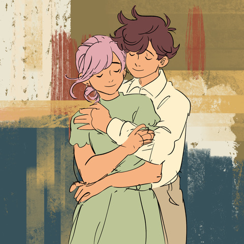 A patchwork background of muted colours. A foreground featuring two characters, one in the arms on another, in love, gentle embrace from behind.