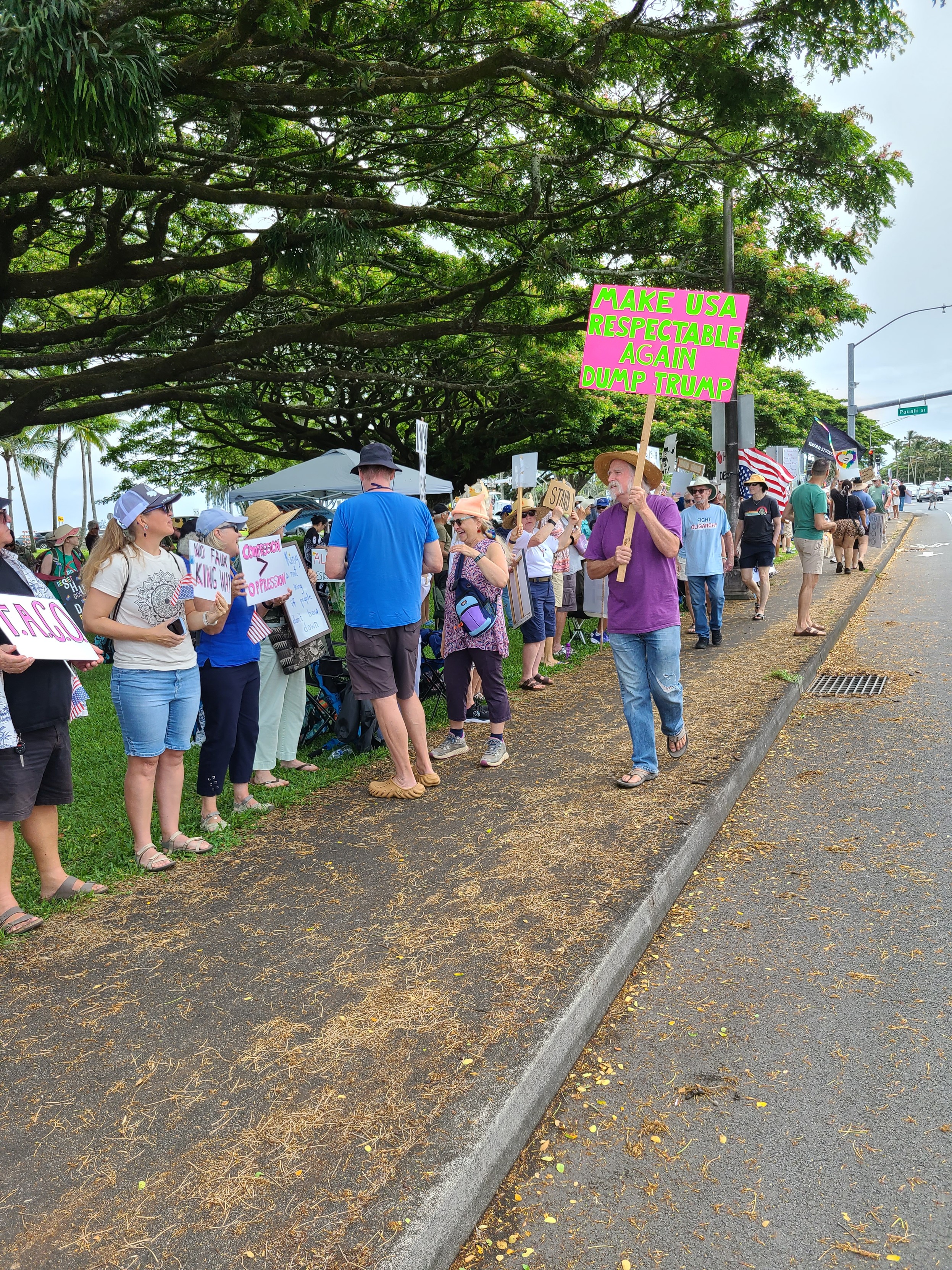 No Kings crowd along a major roadway near the Hilo Bayfront.