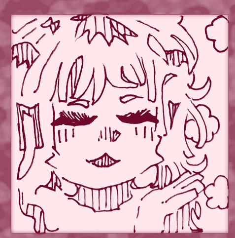 An ink drawing of a Lions Mane mushroom girl yawning.