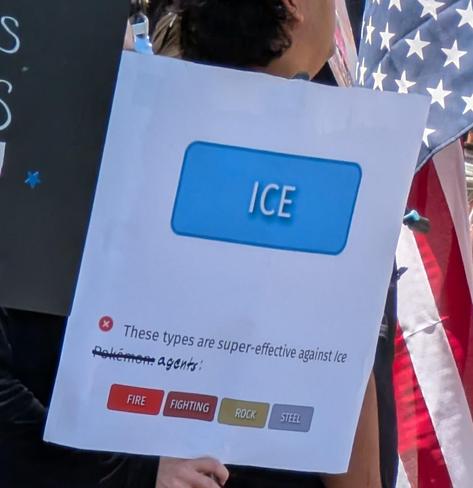 A white paper sign has a blue rectangle with ICE written in it. Below there is black text that says "These types are super-effective against Ice" and then Pokemon is crossed out and agents is hand written in. Below are four rectangles that day Fire, Fighting, Rock, and Steel respectively