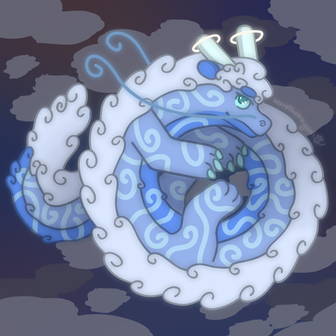 a drawing of a blue noodle-shaped dragon with long whisker. their mane is white and swirls like clouds. they have swirl patterns all over their body.