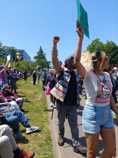 People wearing summer clothes on a clear sunny day walk on a sidewalk with their right fists raised. The background is full of people with signs and flags.