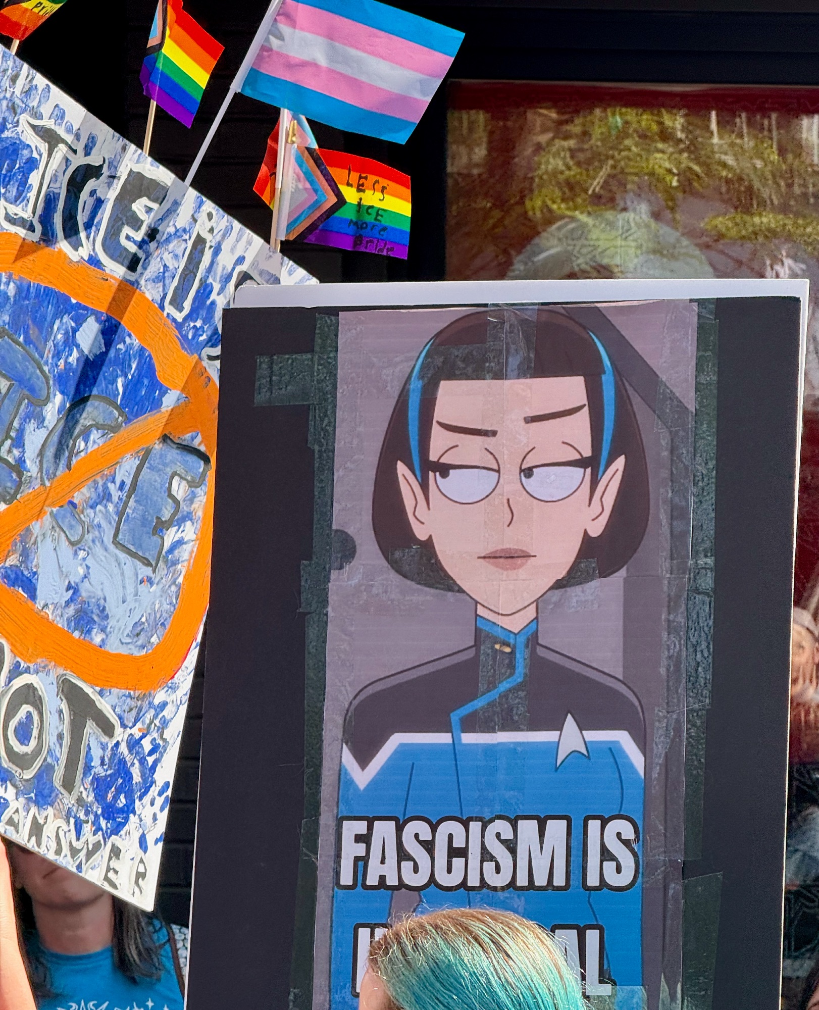 protest sign with t'lyn (vuclan from lower decks) captioned "fascism is illogical" also a bunch of pride flags of various kinds, once says "less ice more pride"