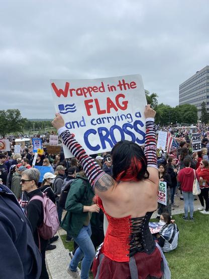 Foreground demonstrator carries a sign saying: Wrapped in the FLAG and carrying a CROSS. 

Background is thousands of demonstrators, many carrying signs