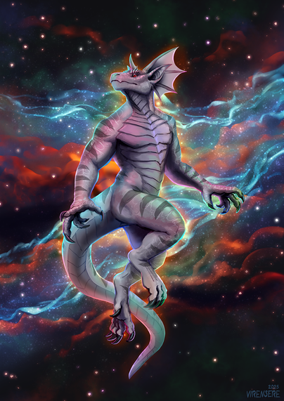 Digital painting of a colorfully illuminated grey anthro dragon/lizard floating in space with a colorful nebula in the background