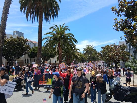 Crowd marching up Dolores St in SF, past Mission Dolores