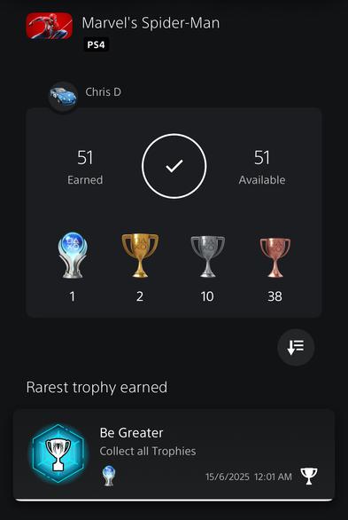 Screenshot of the PS app showing the platinum trophy has been gained for Marvel’s Spider-Man