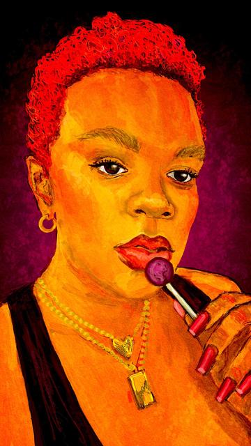 A portrait of a woman with short curly red hair, golden skin, holding a purple lollipop to her lower lip.