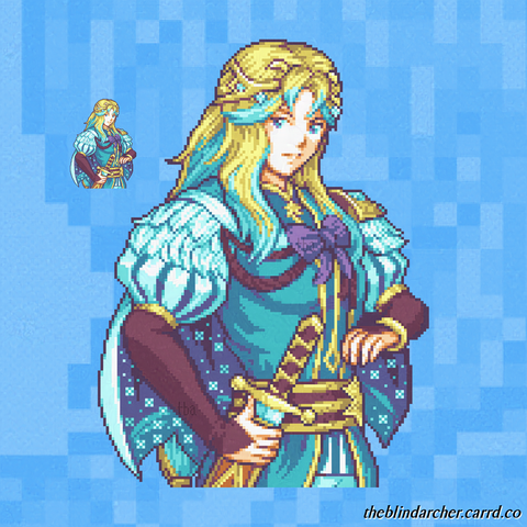 A 16 bit pixel art portrait of a slender woman with a pale complexion and two-toned blonde and blue hair.  She wears a large regal uniform with slashed sleeves and feathered shoulders, with one gold pauldron on her left shoulder.  She wears a purple ribbon on her chest over her teal long coat.  The inside of her cape has sparkles.  She is holding a sword, by its sheath, poised to draw her blade with it partially drawn by her thumb.  The art is of the recipients original character, set in the Fire Emblem Heroes universe wearing attire in the style of other characters from Nifl.