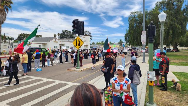 Groups of No Kings protesters lining the street.