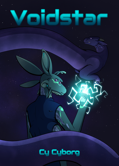 A digitally illustrated comic cover for Voidstar. The illustration shows Xari and Ravu in front of a starry night sky. Xari is a teal alien who is facing away from the viewer, with a determined look on their face. They have a long, kangaroo-like head with 4 purple eyes, looking back at the viewer, though only the eyes on the right side of their face are visible. They have 6 long, rabbit-like ears, two antennae and 4 arms, one of which is holding a ball of lightning, the other three are down by their side. They are wearing a blue sleeveless shirt that's been torn and frayed around the edges. blue scar tissue is visible on their back, neck and arms, but their shirt is covering most of it. Ravu is a long, dark purple serpentine dragon with only two legs. They have a very short snout, 6 ears, two eyes and two tiny black horn stubs. They are wrapping around Xari and snarling. Above Ravu, over on the right-hand side of the image is the Text "Voidstar" is written in teal, blocky font, and "Cy Cyborg" is written down the bottom.