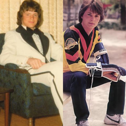 Two photos - Terry Fox 🦊 the left, dressed in a white suit, and on the left, Michael J. Fox wearing a Vancouver Canucks jersey.