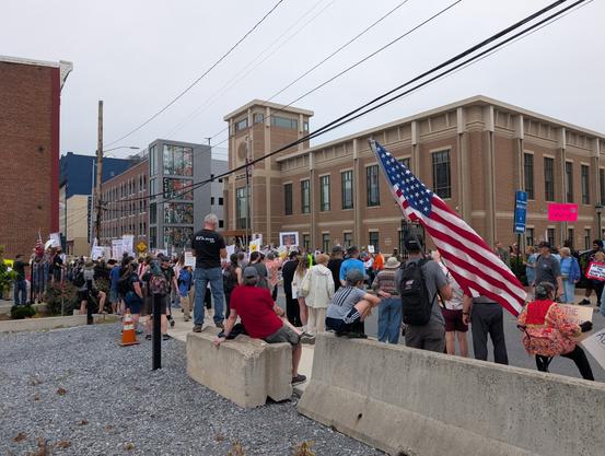 Group of No Kings protestors in front of the District Courthouse in Hagerstown.