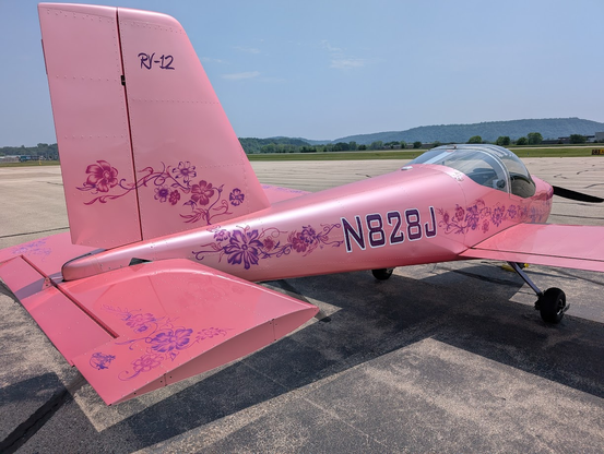 A pink RV-12 aircraft with various flower decals all over it.
