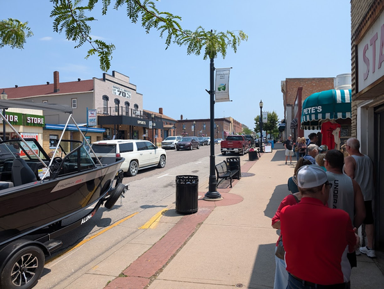 Line of people waiting for a burger in downtown Prairie du Chien.