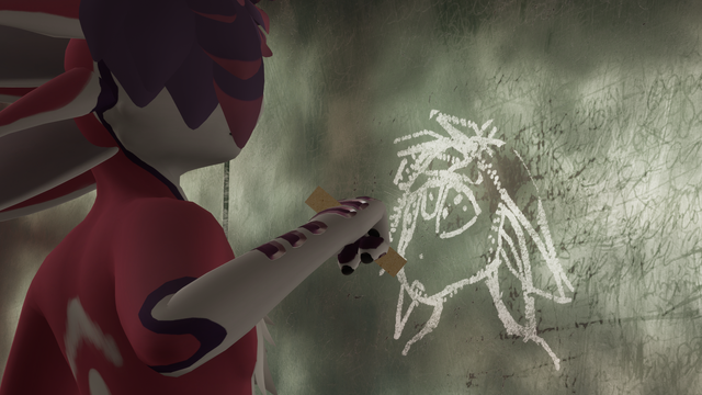First of the series of pictures taken in VRChat showing the process of a pink-white avali with a purple trim drawing with chalk on a blackboard. The drawing is of a distressed or awestruck avali with all four ears lowered looking at what seems to be a warm orange sun with a white spiral accretion disc in a space full of stars.