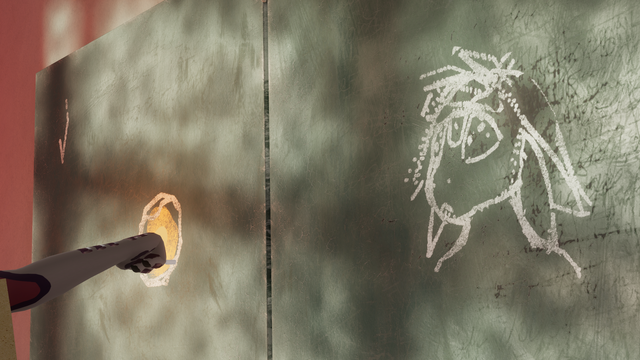 Second of the series of pictures taken in VRChat showing the process of a pink-white avali with a purple trim drawing with chalk on a blackboard. The drawing is of a distressed or awestruck avali with all four ears lowered looking at what seems to be a warm orange sun with a white spiral accretion disc in a space full of stars.