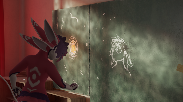 Third of the series of pictures taken in VRChat showing the process of a pink-white avali with a purple trim drawing with chalk on a blackboard. The drawing is of a distressed or awestruck avali with all four ears lowered looking at what seems to be a warm orange sun with a white spiral accretion disc in a space full of stars.