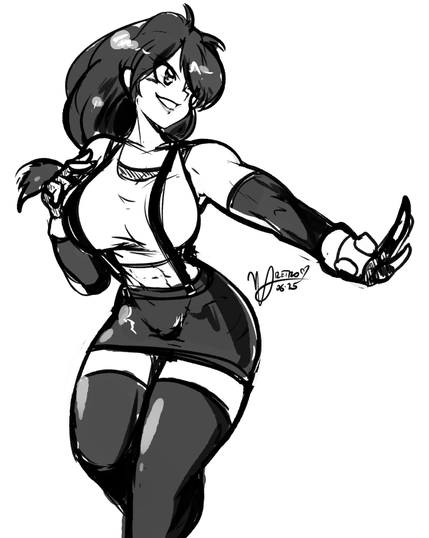 A simple grayscale sketch of Tifa from Final Fantasy 7 from memory striking a fighting(?) pose.